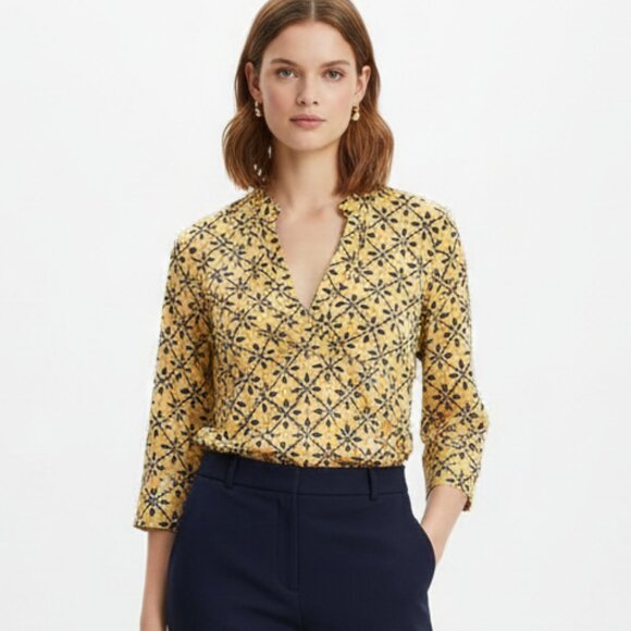 Vintage Talbots Top Size Medium Yellow Geometric Print 3/4 Sleeve Faux Wrap - Picture 1 of 4